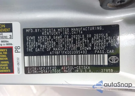 2014 Toyota Camry Se Sport из США, поврежденный, VIN 4T1BF1FK0EU395492